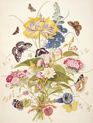 PD.912-1973 Stilleben med blommor, inklusive en papegojtulpan, riddarsporre, borstnejlika, gentiana och cyklamen, 1769